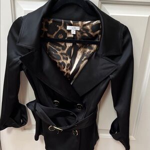 CACHE Black Double-Breasted SATIN belted Jacket with Leopard Lining